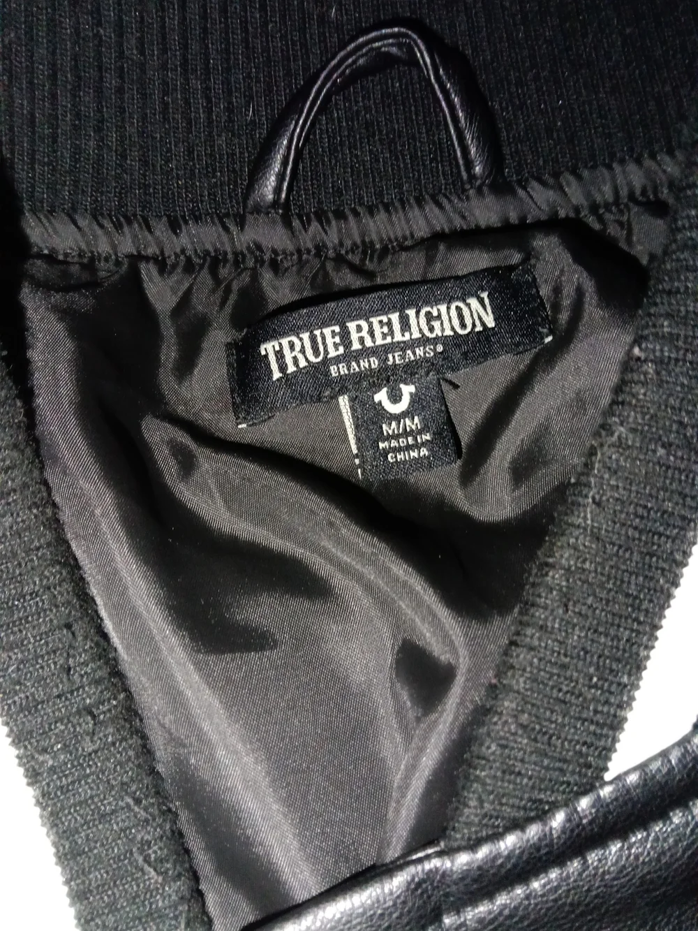True Religion Black Body White Sleeve Varsity Jacket with Maroon Accents